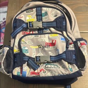 Pottery Barn Kids Cream and Blue Patchwork Backpack. Monogrammed with Wyatt
